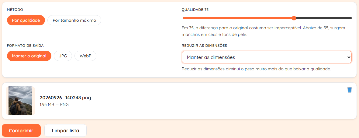 Tela de compressão com o método Por qualidade, qualidade 75 e uma foto pronta para comprimir