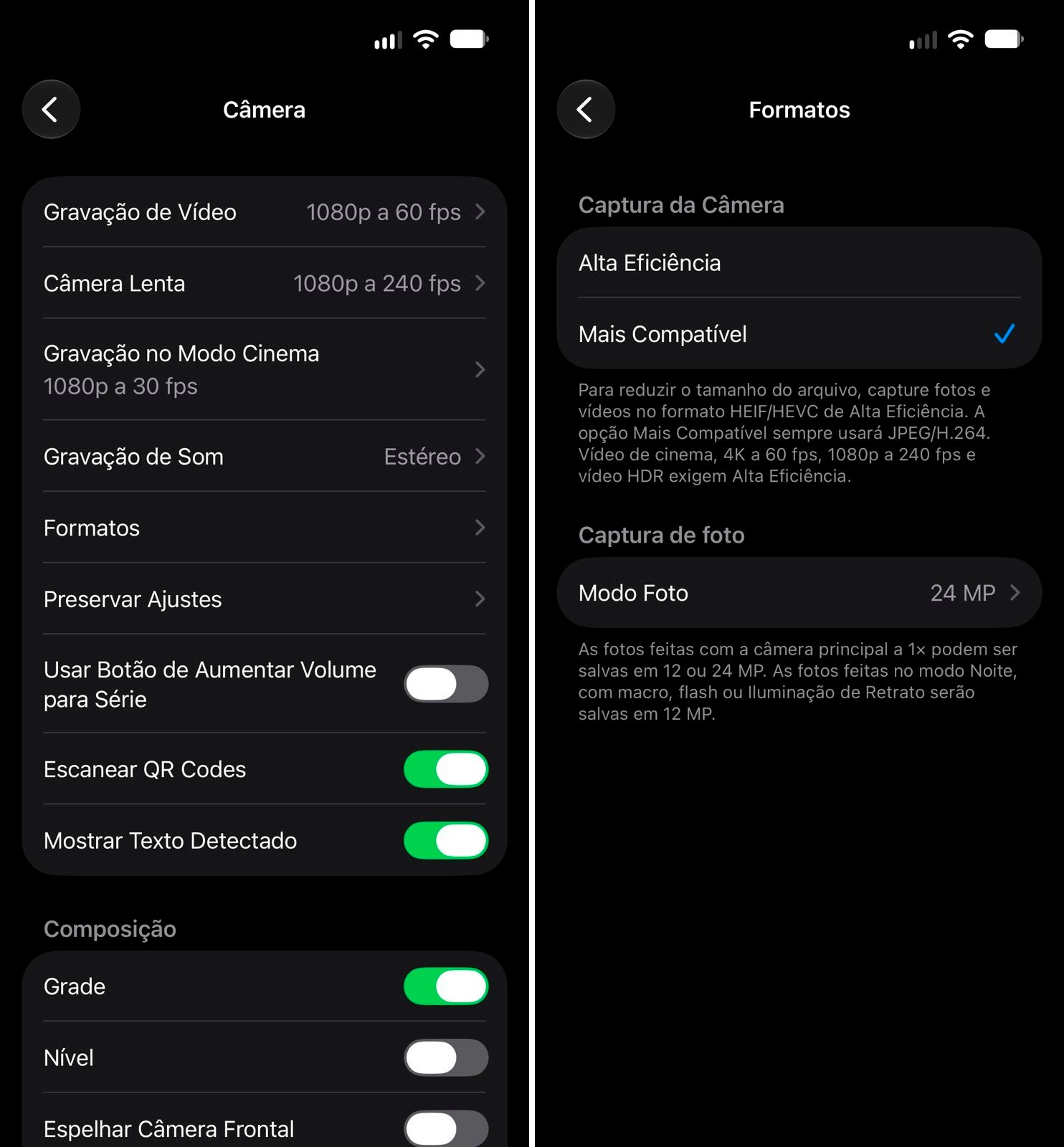 Selecione "Mais compatível" para que o iPhone salve as fotos em JPG